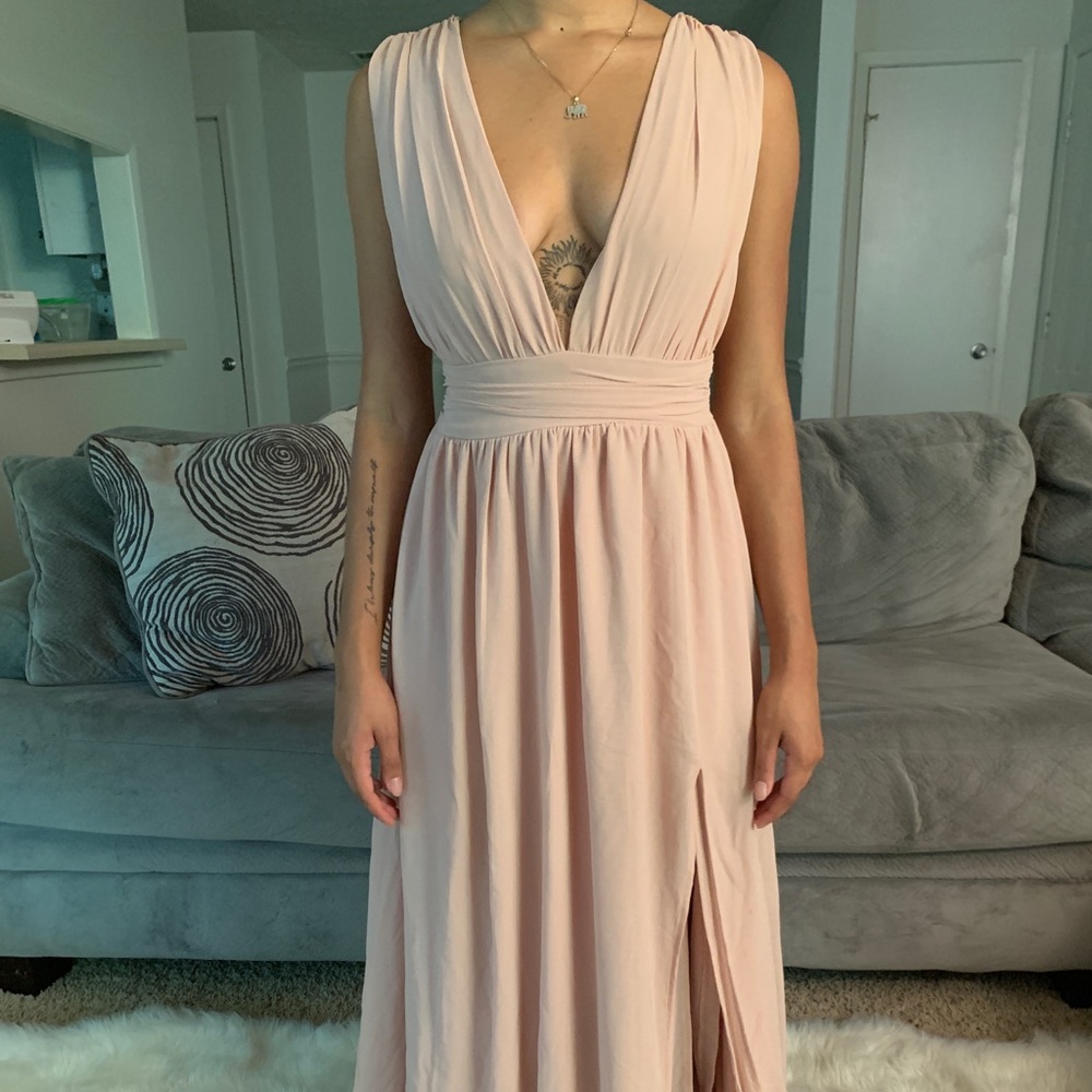Champagne/Pale Pink Deep V Floor-length Dress S